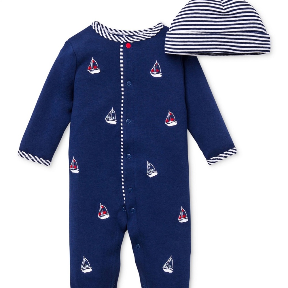 Little Me 9 Months Baby Boys Hat & Sailboat Coverall Set in Navy/White